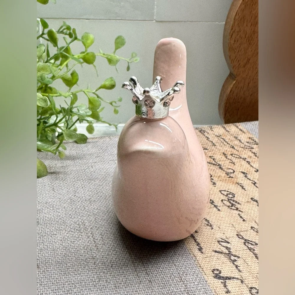 New Small Blush Pink Ceramic Bird w/ Silver Tone Crown Decor Figurine - 2.75”